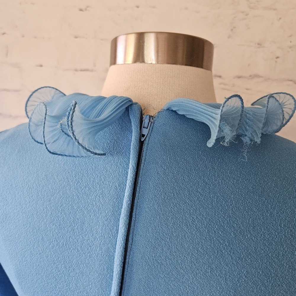 Vintage 70s Sky Blue Micropleat Ruffle Long Sleeve Maxi Dress ILGWU Madein USA - Picture 8 of 12